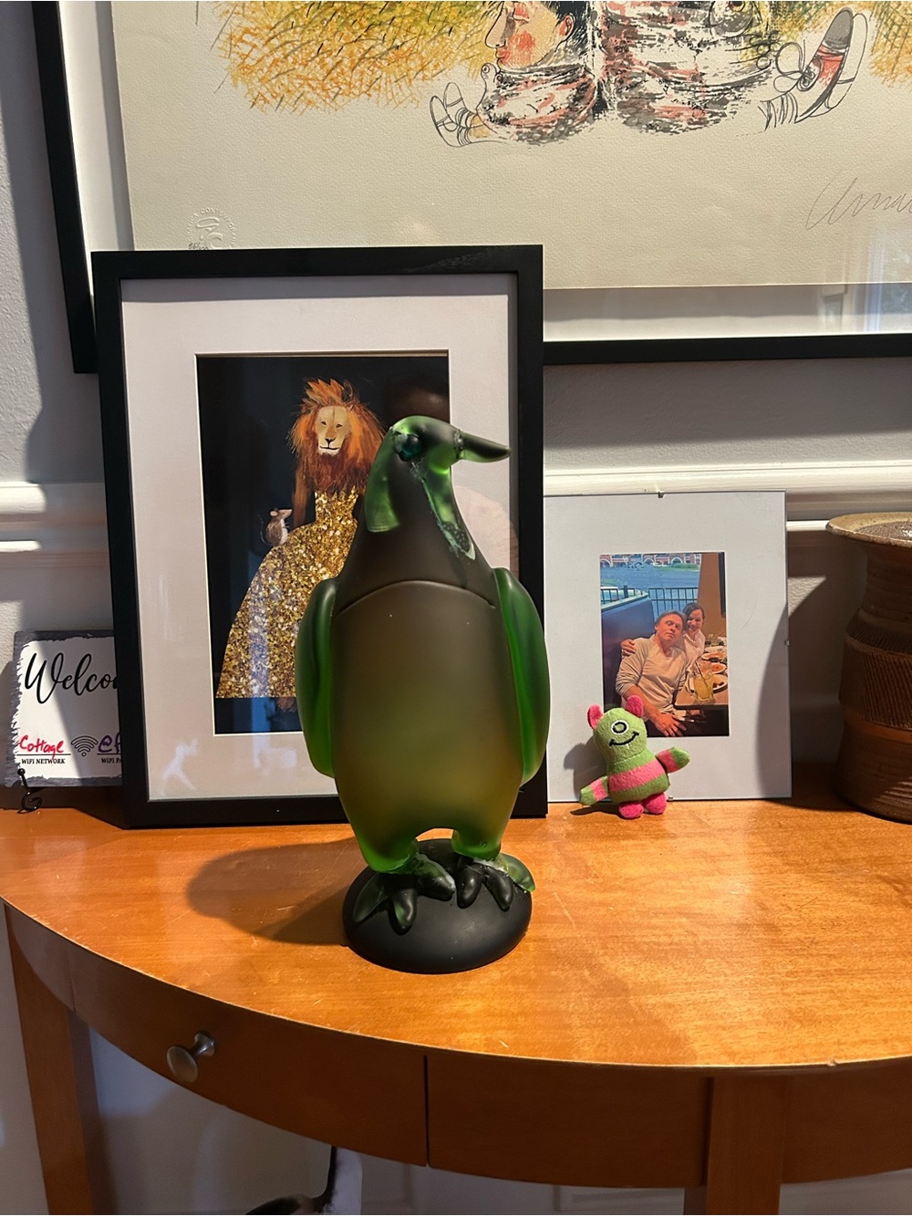 Green Glass Penguin Figurine Decorative Accent
